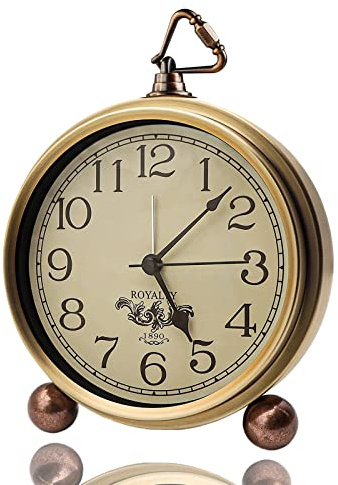 Justup Golden Table Clock, Retro Vintage Non-Ticking Table Desk Alarm Clock Battery Operated Silent Quartz Movement HD Glass for Bedroom Living Room Indoor Decoration (Arabic)