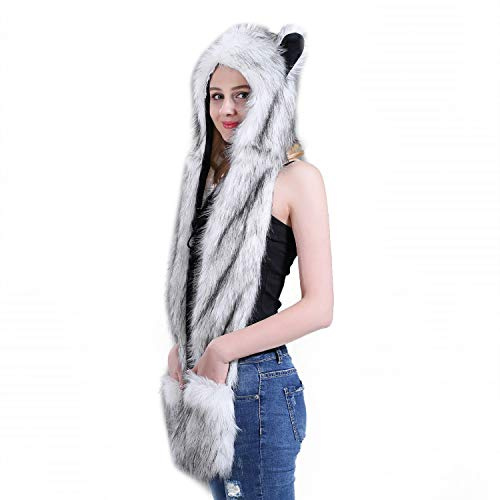Women's Faux Fur 3 in 1 Hooded Scarf & Gloves - Full Hood, Warm & Soft Fluffy Trapper Hat - Cute Animal Print with Mitten Pocket - Long Scarf