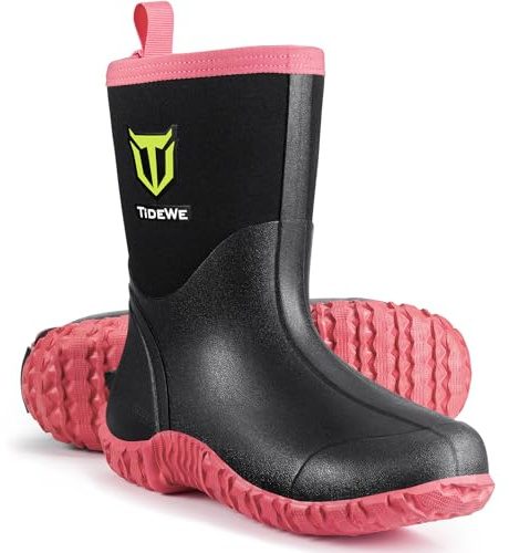 TIDEWE Rubber Boots for Women with Steel Shank, 6mm Neoprene Waterproof Insulated Mid Calf Rain Boots, Sturdy Hunting Work Boots for Farming Gardening Fishing (Black Size 8)