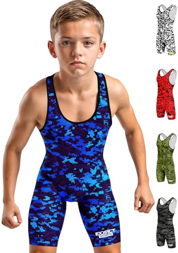 Exxact Sports Digital Camouflage Youth Wrestling Singlet For Boys, Premium Powerlifting Singlet, Kids Wrestling Singlets For Training (YS, Blue Camo)