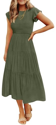 ZESICA Women's 2025 Summer Casual Flutter Short Sleeve Crew Neck Smocked Elastic Waist Tiered Midi Dress,Army Green,Large