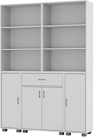 URBNLIVING Large Tall Freestanding Bookcase 6 Shelves 4 Doors 1 Drawer Bookshelf Shelving Cupboard Display Unit for Living Room Home Office Bedroom (White)