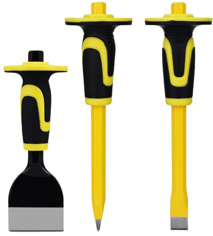 3-Piece Heavy-Duty Chisel Set with Hand Protection, Concrete and Mortar Stone Chisels, Used for Demolition, Carving, De-scaling, Breaking, Hunting, and Crushing. (CA3)