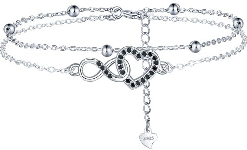 Lydreewam Unendlichkeit Herz Armband Silber 925 für Damen Doppel Layered Freundschaft Armkette mit Kugeln und Schwarz Zirkonia Muttertag Geburtstag Geschenk, Armbänder verstellbare 17+4cm