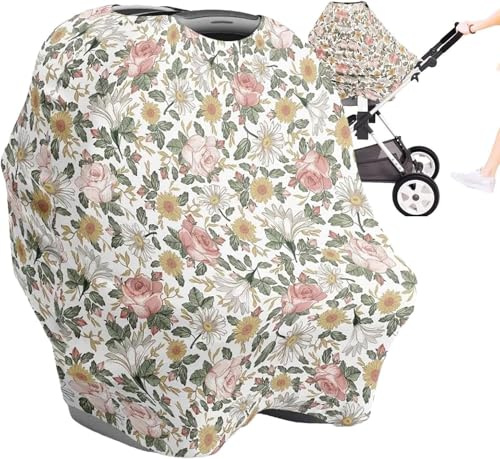 Babies Nursing Cover Set - Soft, Multipurpose Stretch Scarf for Breastfeeding and Car Seat Cover, Universal Pacifier Holders, Binky Case, Storage Bag - Floral Print for Baby Girl