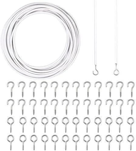 10 m blanco cable cortina flexible con 25 pernos de ojo, 25 ganchos para atornillar para colgar cortinas de ducha