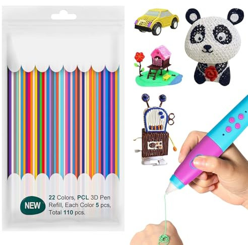 3D Stift Filament PCL,110St 3D Doodler Stift Nachfüllpacks 2,5mm, 22 Farben 3D Pen Filament, 3D Stift Zubehör Materialien Set, Kindersichere Flexible Filamentkerne für Kunstskulpturen (PCL)