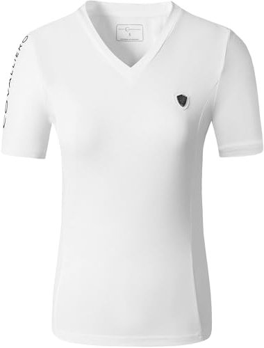 Covalliero - Damen T-Shirt – Kurzarmshirt mit V-Ausschnitt – Reitshirt aus Piquéstoff – atmungsaktiv & taillierter Schnitt – Sport Shirt – Reitbekleidung in Weiß – Größe L