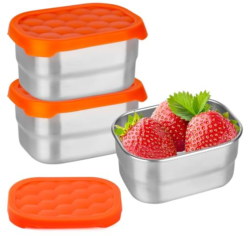 Trendecor 3 Stück Edelstahl Snack Box mit Deckel aus Silikon, 230 ml Snackbox Lebensmittelbehälter Kinder Auslaufsichere Snackbox Klein Wiederverwendbare für Kühlschrank Ofen