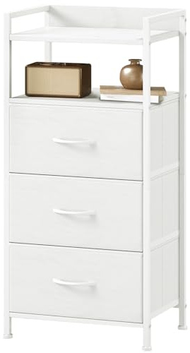 Somdot Chest of Drawers for Bedroom with 3 Drawers, Bedside Storage Cabinet End Table, Storage Unit with Fabric Drawers for Closet Living Room Nursery Hallway, White Leather