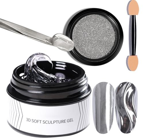 Solid Builder Gel for Nails Flower Craved Soft Sculpture Gel Clear Silver Chrome Nail Powder Nude Non-Stick Hand Easy to Spread Solid Glue on Nails 3D Carving Patterns Decoration Salon Home
