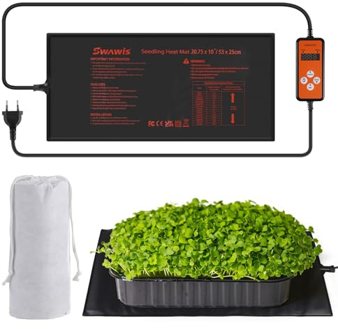 SWAWIS Heizmatte für Pflanzen 65W 52,7x25,4cm Wärmematte Set mit 5-42℃ Thermostatregler für Zimmergewächshaus Sämling IP67 Amphibien Pet Mat Wärmer mit Aufbewahrungstasche(Separatem Thermostat