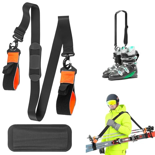 Fentar Ski Tragegurt und Stöcke Tragegurt, 79-130cm Verstellbarer Ski-Träger mit Rutschfester Schultertasche für Skistöcke, Skischuhe & Snowboard, Geschenk für Männer, Frauen & Kinder (Orange)
