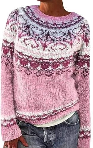 Nuaoxyeu Women's Sweatshirts Women's Jumpers Art Printed Knitted Fairisle Jumper Retro Crew Neck Fair Isle Pullover Long Sleeve Hippy Norwegian Sweater Plus Size White Sweater