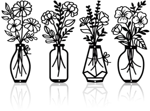 twinklemon 4 Pcs Metal Flowers Wall Art, Black Flowers Line Metal Artwork for Wall, Minimalist Floral In Vase Hanging Sculpture Walls Decor for Kitchen Living Room Bathroom Hallway Garden Outdoor