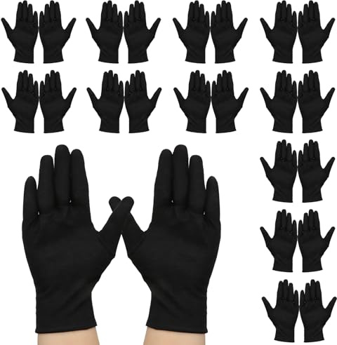 BORISCA 12 pares de guantes de algodón negros, guantes de tela reutilizables negros, suaves, respetuosos con la piel, guantes de algodón para tareas domésticas, trabajo, cuidado de manos y exámenes