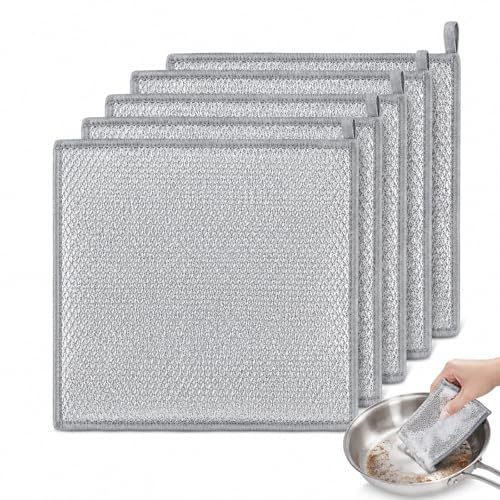 ZenithQuest 6 Pack Triple Layer Stainless Steel Wire Cleaning Cloths, 20x20cm Non-Scratch Reusable Metallic Mesh Scrubbing Pads for Cookware, Sinks, Dishes & Cooker Hobs