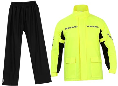 Mikikit Tuta Antipioggia da Moto per Uomo in Nailon Giallo Riflettente con Giacca e Pantaloni Impermeabili e Copriscarpe per Ciclismo Notturno e Pioggia Intensa