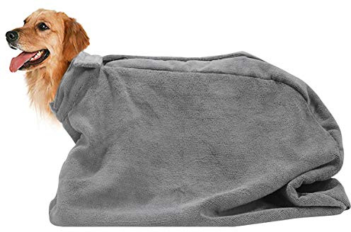 Pethiy Premium Microfiber Dog Drying Bag - Quickly Removes Water Mud and Dirt - Extra Absorbent Towel Solution with Durable Hook and Loop Neck Strap-Gray-S