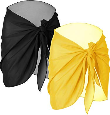 2 Piezas de Pareo de Playa de Mujeres Cubiertas Sarong Falda de Gasa de Bañador (Negro y Amarillo)