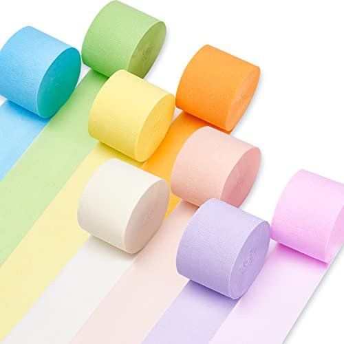 PartyWoo 8 rotoli di carta crespa da 199,9 m, confezione da 8 stelle filanti per feste in 8 colori pastello per decorazioni di compleanno, decorazioni per feste, decorazioni per matrimoni (rotolo da