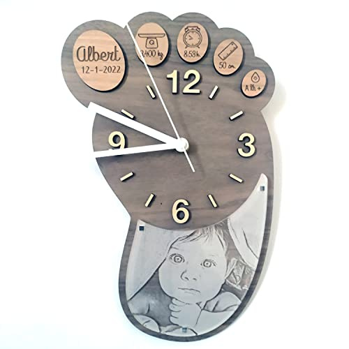7laser Reloj NATALICIO de Madera en Forma de pie Personalizado con el Nombre, Fecha, Peso, Hora, Medida y Grupo sanguíneo con Foto, Recuerdo de Nacimiento