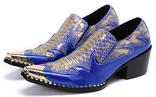 Santimon Dress Loafers for Men High Cuban Heel Slip On Graphic Snake Leather Lined Gold Cap Dancing Party Sleek Shoes Blue 11.5 US