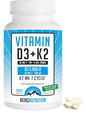 Berg Nutrition Vitamin D3 5.000 I.E + 200 µg K2 99+% ALL-Trans, 365 vegetarische Tabletten hochdosiert u. teilbar, Premium Vitamin D Tabletten, Vitamin D 3 und Vitamin K 2