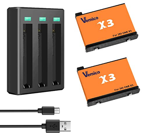 Vemico 360 X3 Akku Ladegerät Set 2 X 1800mAh Akkus 3 Kanal LED X3 Ladegerät Typ-C mit und Micro-USB Ladeschnittstelle für 360 One X3 Kamera (Achtung: Nicht wasserdicht