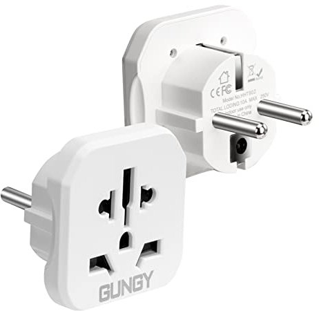 GUNGY Adaptador de Viaje Universal a España Adaptador Enchufe Americano UK a Español Enchufe Viaje para Europa USA China Australia Suiza Compacto Blanco 2 Piezas