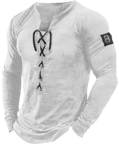 Oanviso T-Shirt da Uomo Primavera Estate Henley Magliette Scollo a V con Coulisse Maniche Corte/Manica Lunga Tee Moda Stampati T-Shirt Vintage Casual Top Sport Outdoor Magliette C Bianco M