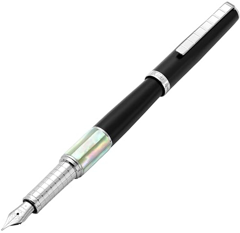 Xezo Speed Master Stylo plume, plume moyenne. Noir mat avec nacre blanche. Plaqué chrome. Corps en laiton léger. Chaque pièce unique