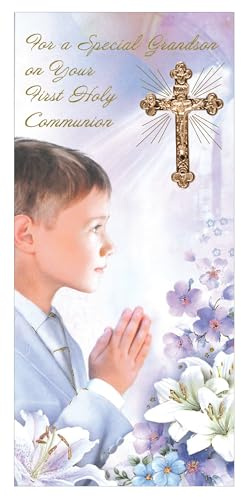 Tarjeta de celebración católica de primera comunión para nieto para un niño especial en su ceremonia de compromiso religioso con crucifijo de cruz