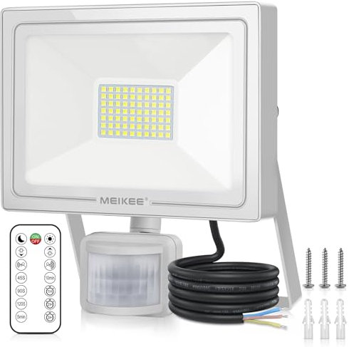 MEIKEE 60W LED Strahler mit Bewegungsmelder 5640 LM 6500K Kaltweiß Superhell 10 Helligkeitsstufen 3 Modi LED Fluter Weiß IP66 Wasserdicht Scheinwerfer ideale für Garten, Garage, Sportplatz