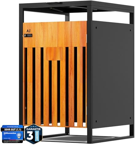 ALL Premium Mülltonnenbox 1er – Abschließbar, wetterfest & edle Holzoptik, für Garten, Hof & Straße, beliebig erweiterbar, legierter Stahl robust & langlebig