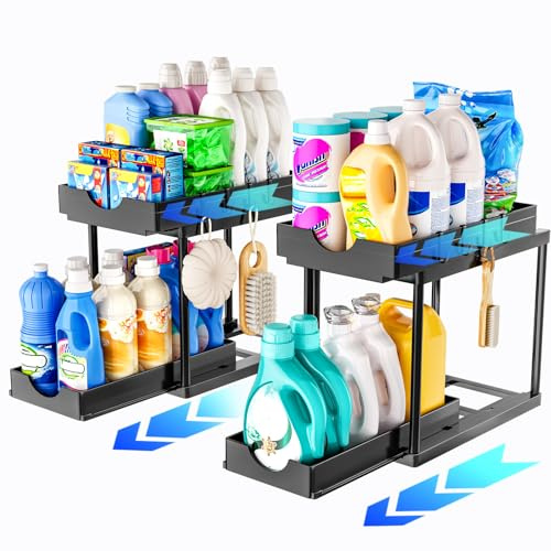 ARSTPEOE 2 Pezzi Sottolavello - Cassetto Estraibile a 2 Livelli con Ganci, Scaffale Mobile, Nero