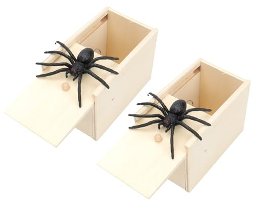 CHUNLINLAODA Lot de 2 Boite Araignée Farce Spider Prank Box Farce et Attrape Adulte Boîtes à Jouets en Bois D'araignée Articles de Farces pour Halloween Noir Réaliste Boîtes Cadeaux Sautantes