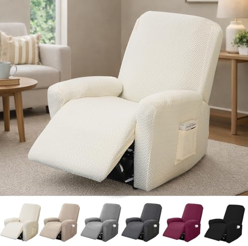Hengrongshen 1-Sitzer Sessel Überzug, Sesselbezuge Stretch mit Taschen, All-Inclusive Streifen-Jacquard Sesselschoner für Fernsehsessel Relaxsessel Sesselhusse (Beige, 4-Teilig)
