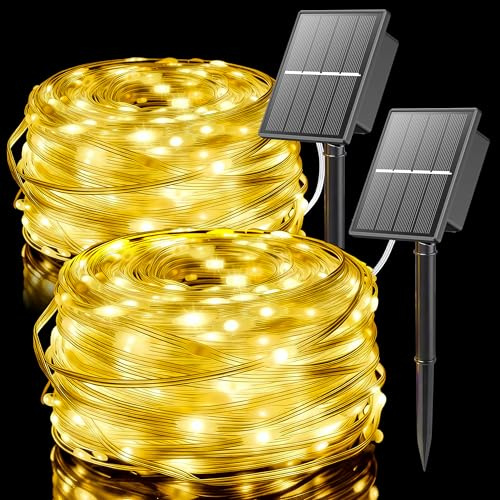 SOLARBABY 2 Pacchi Luci Natale Esterno Solare, 12M 120LED Catena Luminosa Esterno Solare, 8 Modalità Impermeabili Luci Natalizie da Esterno per Giardino Albero Patio Balcone, Bianco Caldo