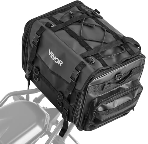 VEVOR Motorcycle Tail Bag, 40-60 L Expandable Motorcycle Rear Seat Bag with Waterproof Rain Cover, Foldable Outdoor Sports Motorbike Luggage Storage with Shoulder Straps, Pocket & Elastic Cord, Black