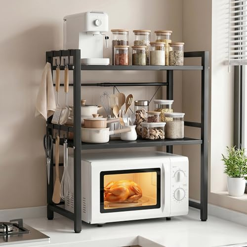 ALANNG Étagère Micro-ondes Réglable 38,7-65cm, 3 Niveaux Étagère de Cuisine sur Plan de Travail, 50kg Capacité Support Micro-ondes avec 6 Crochets, Métal Noir Stable