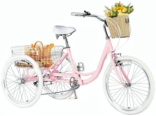 TFONSIGI Adult Tricycles 7 Speed Trikes for Adults, 20/24/26 inch 3 Wheel Bikes with Front & Rear Basket, Tricycle for Seniors, Women, Men, Without Mudguard