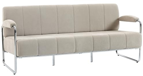 HOMCOM Divano 3 Posti Imbottito in Ciniglia con Doppie Cuciture, Divanetto da Salotto Moderno con Braccioli e Gambe in Acciaio, per Soggiorno, Ufficio e Camera da Letto, 174x75x76 cm, Beige