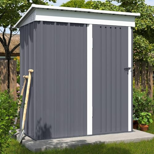 UDPATIO Trädgårdshus i metall med 2,1 m³, pulttak – 164 x 87 x 181 cm för utomhusbruk, utrustningsskjul, cykelgarage, galvaniserat stål med låsbar dörr för bakgård, ljusgrå