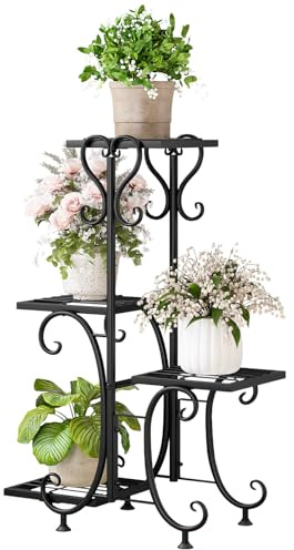 Dazioter Plant Stand Indoor Outdoor Shelf 4Tier Metal Holder Pot Rack Multiple Plants Stand Tall Flower Shelf Corner Living Room Garden,Black (Black, 4 Pots)