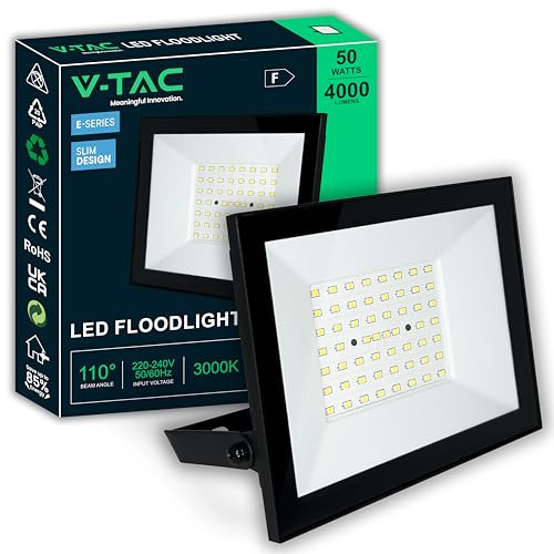 V-TAC Faro LED da Esterno 50W - [ E-Series - Alte Perfomance, Bassi Consumi ] - 4000 Lumen - Super Slim Design - IP65 - Proiettore per Casa, Garage, Magazzino - Impermeabile - Luce Calda 3000K
