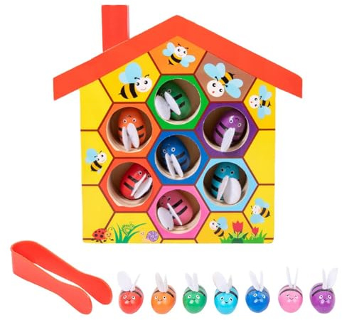 Vesidoloy Wooden Bee Hive Toy - Wood Color Sorting Puzzle Fine Motor Skill Toy, Preschool Learning Puzzle for Fine Motor Development, Hand Eye Coordination Sensory Game