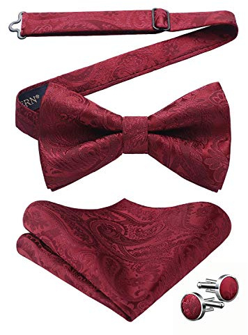 HISDERN Pajarita Rojo Oscuro Paisley Pre-atada para Hombre Conjunto Pajarita y Pañuelo de Bolsillo con Gemelos Juegos de Pajaritas,Rojo