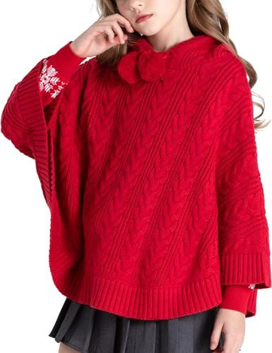 BOBOYOYO Cape for Girls Hooded Cable Knit Poncho Sweaters Kids Shawl Sweater Toddler Holiday Pullover for 3-12 Years Child Red