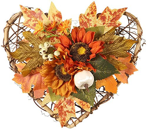 Artificial Fall Floral Wreath, Heart Shaped Flower Pumpkin Sunflower Maple Leaf Wreath, Autumn Garland for Thanksgiving Halloween Decor, for Front Door Home and Decor, 11 x 10.2 In
